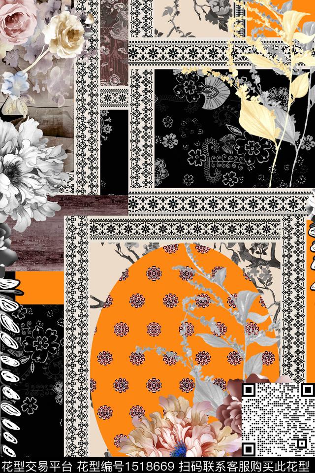 花卉几何民族风数码印花华亿平台下载（图片编号: 1518669） - 瓦栏（Walan）