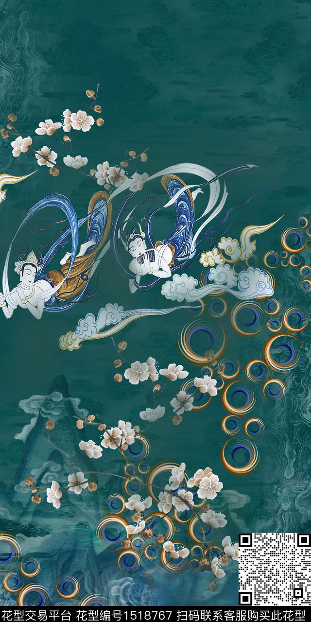 香云纱中国风定位花飞天仕女数码印花华亿平台下载（图片编号: 1518767） - 瓦栏（Walan）