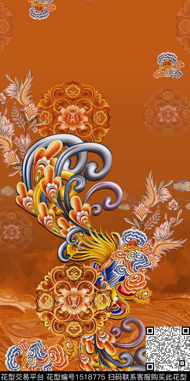 祥云香云纱中国风定位花数码印花华亿平台下载（图片编号: 1518775） - 瓦栏（Walan）