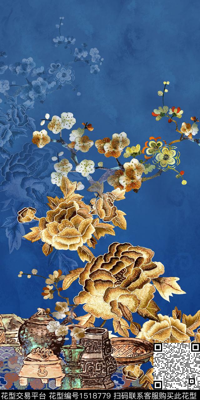 香云纱中国风定位花复古旗袍花数码印花华亿平台下载（图片编号: 1518779） - 瓦栏（Walan）