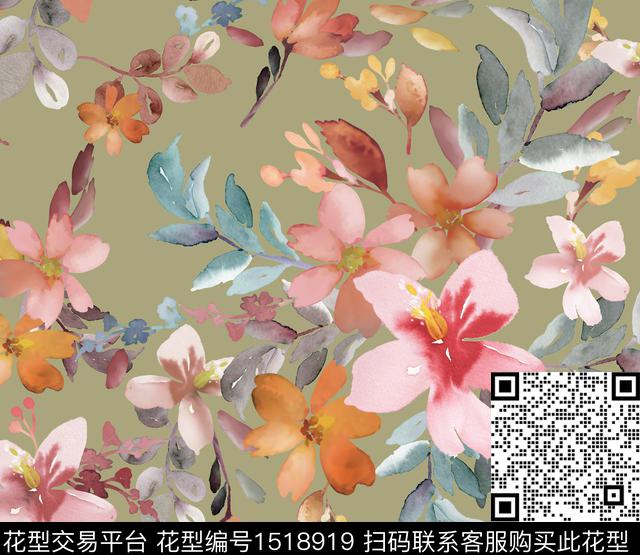 绿植树叶水墨风大牌风数码印花华亿平台下载（图片编号: 1518919） - 瓦栏（Walan）