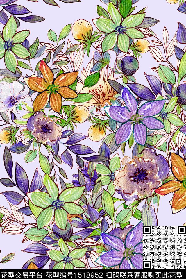 田园绿植树叶清爽底花卉数码印花华亿平台下载（图片编号: 1518952） - 瓦栏（Walan）