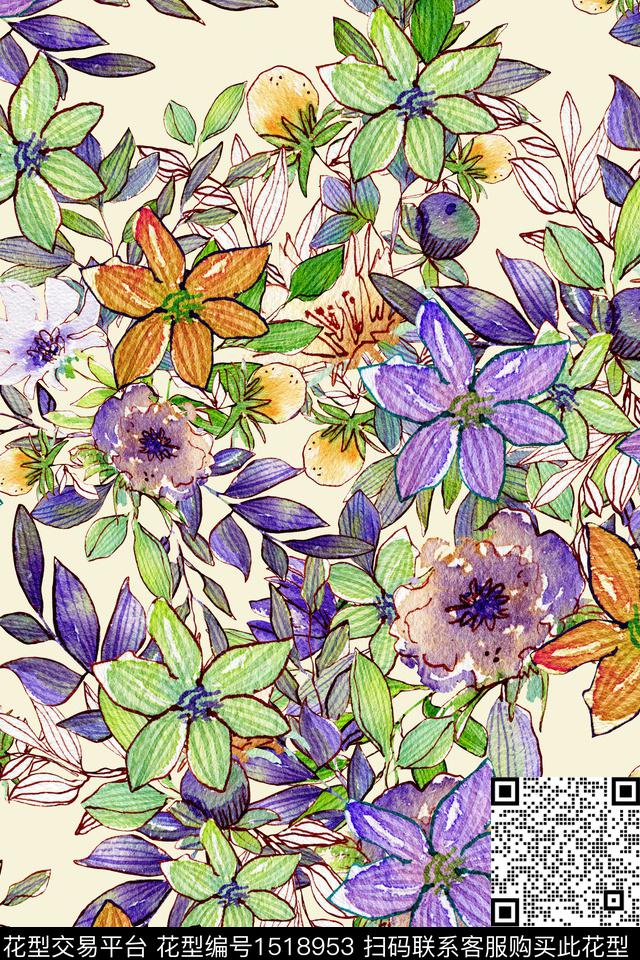 绿植树叶清爽底花卉年轻女性数码印花华亿平台下载（图片编号: 1518953） - 瓦栏（Walan）