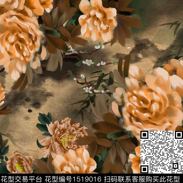 花卉大牌风中国风数码印花华亿平台下载（图片编号: 1519016） - 瓦栏（Walan）