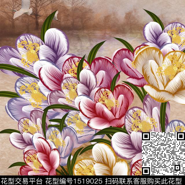 花卉大牌风中国风数码印花华亿平台下载（图片编号: 1519025） - 瓦栏（Walan）