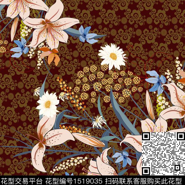 花卉大牌风中国风数码印花华亿平台下载（图片编号: 1519035） - 瓦栏（Walan）