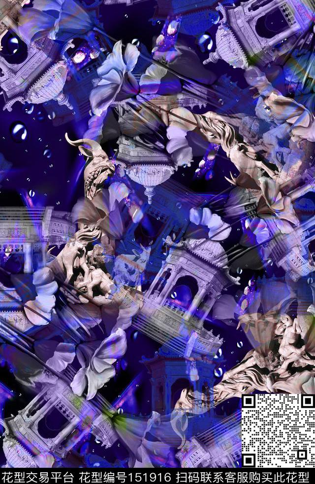 手绘花卉建筑人物雕塑数码印花华亿平台下载（图片编号: 151916） - 瓦栏（Walan）