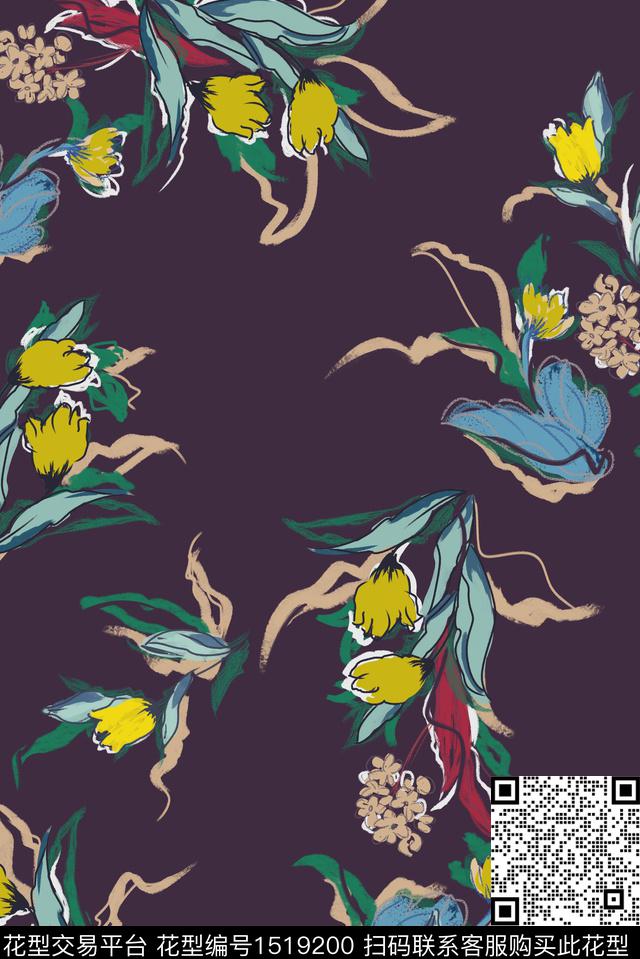 笔触抽象花卉花卉数码印花华亿平台下载（图片编号: 1519200） - 瓦栏（Walan）