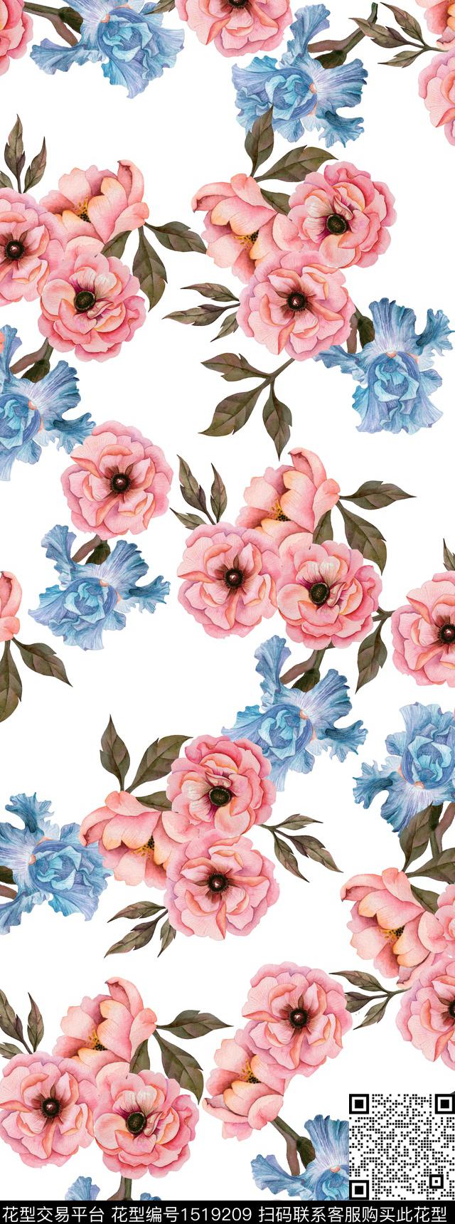 水彩花卉白底花数码印花华亿平台下载（图片编号: 1519209） - 瓦栏（Walan）