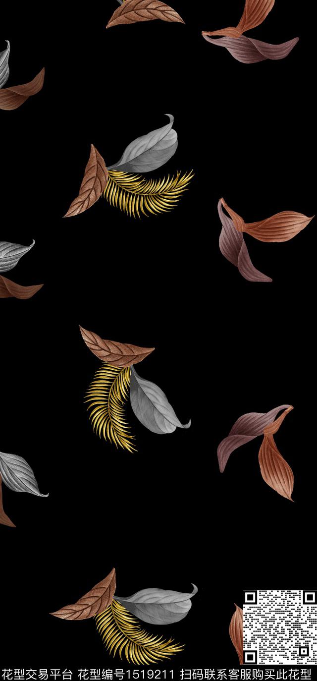 黑底花卉绿植树叶简约数码印花华亿平台下载（图片编号: 1519211） - 瓦栏（Walan）