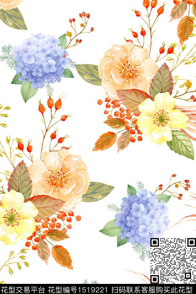 小清新大花水彩花卉数码印花华亿平台下载（图片编号: 1519221） - 瓦栏（Walan）