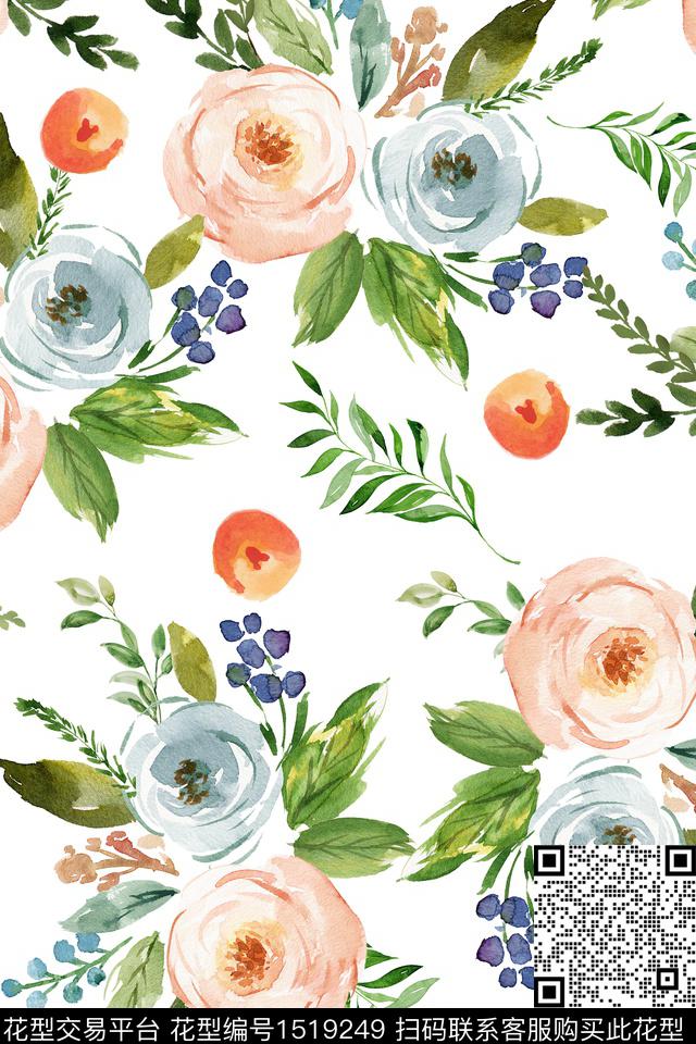 小清新大花水彩花卉数码印花华亿平台下载（图片编号: 1519249） - 瓦栏（Walan）
