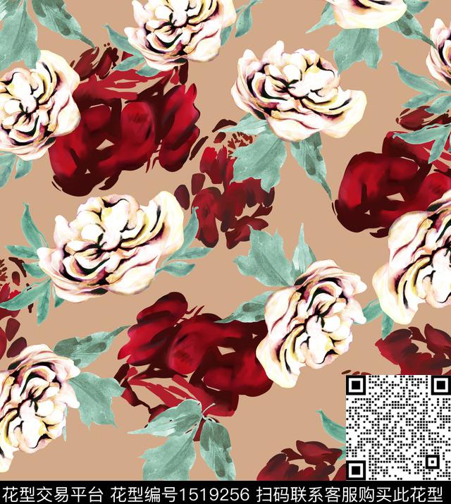 水彩花卉古粉底数码印花华亿平台下载（图片编号: 1519256） - 瓦栏（Walan）