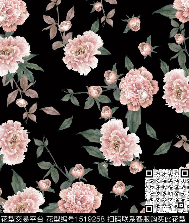 水彩花卉牡丹数码印花华亿平台下载（图片编号: 1519258） - 瓦栏（Walan）