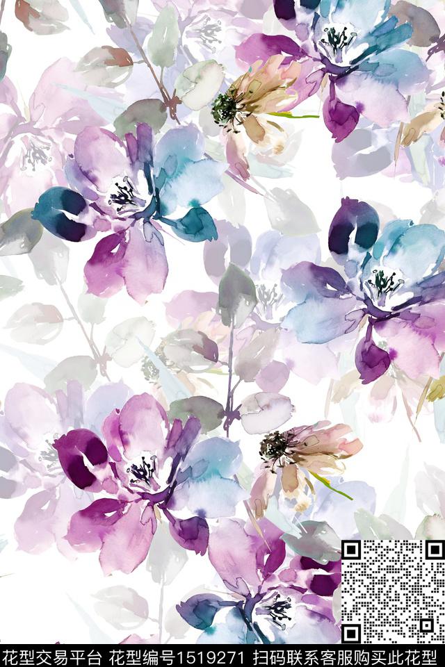 花卉小清新水彩数码印花华亿平台下载（图片编号: 1519271） - 瓦栏（Walan）