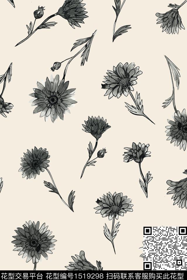 清爽底花卉小雏菊水彩花卉数码印花华亿平台下载（图片编号: 1519298） - 瓦栏（Walan）