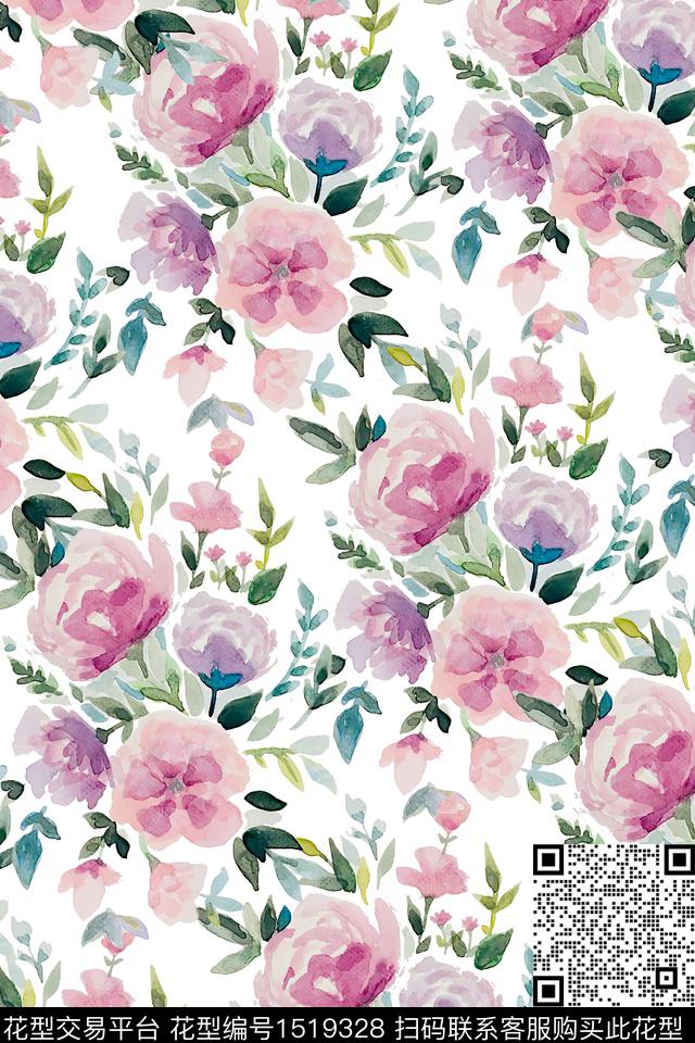 花卉小清新水彩数码印花华亿平台下载（图片编号: 1519328） - 瓦栏（Walan）