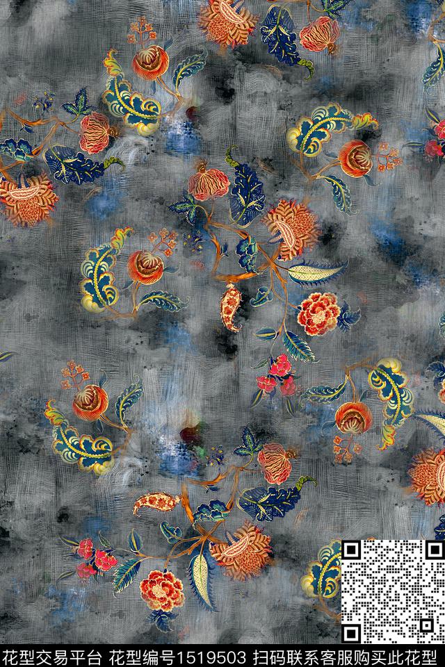 民族风肌理花卉数码印花华亿平台下载（图片编号: 1519503） - 瓦栏（Walan）
