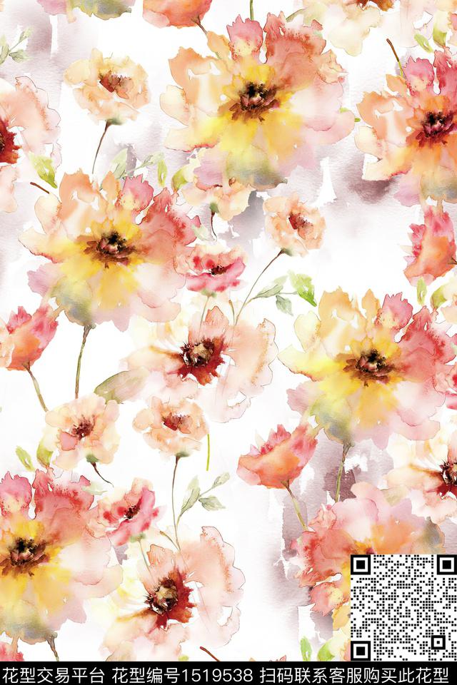 小清新花手绘花卉数码印花华亿平台下载（图片编号: 1519538） - 瓦栏（Walan）