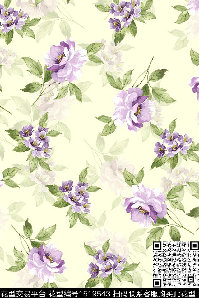 小清新花卉手绘花卉数码印花华亿平台下载（图片编号: 1519543） - 瓦栏（Walan）