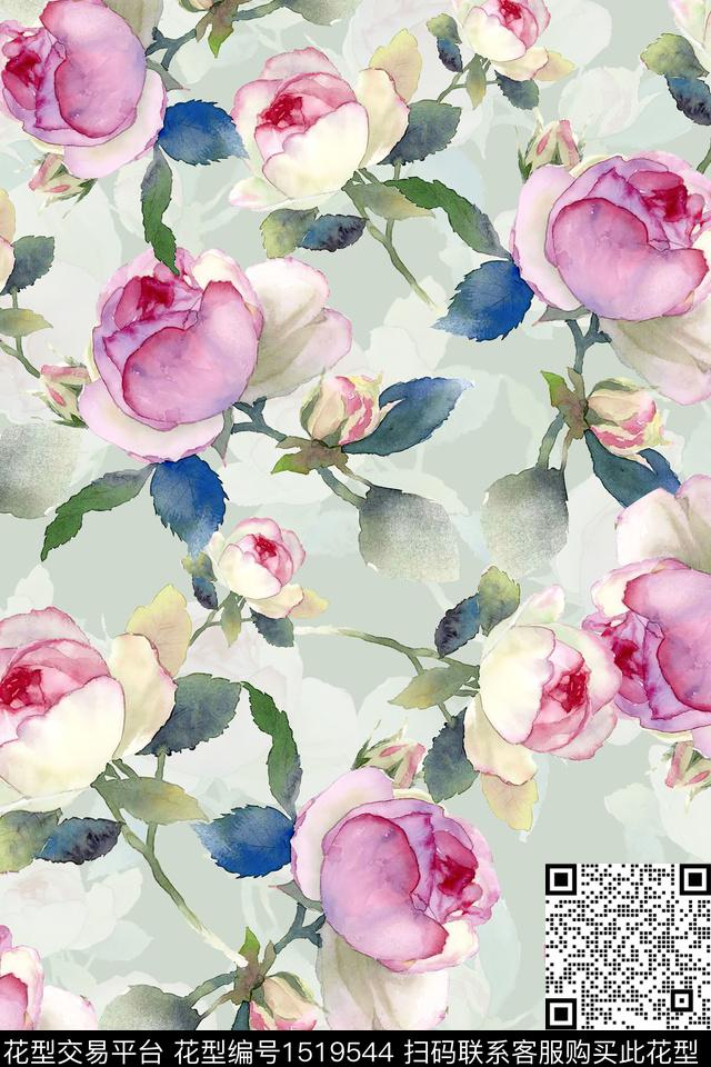 小清新水彩手绘花卉数码印花华亿平台下载（图片编号: 1519544） - 瓦栏（Walan）
