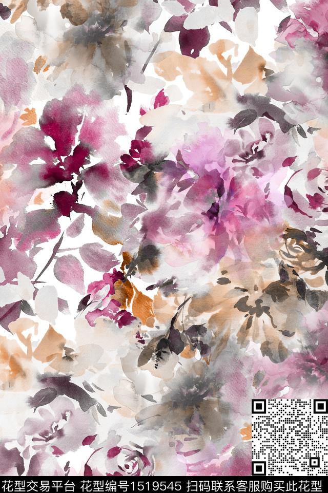 小清新水彩手绘花卉数码印花华亿平台下载（图片编号: 1519545） - 瓦栏（Walan）