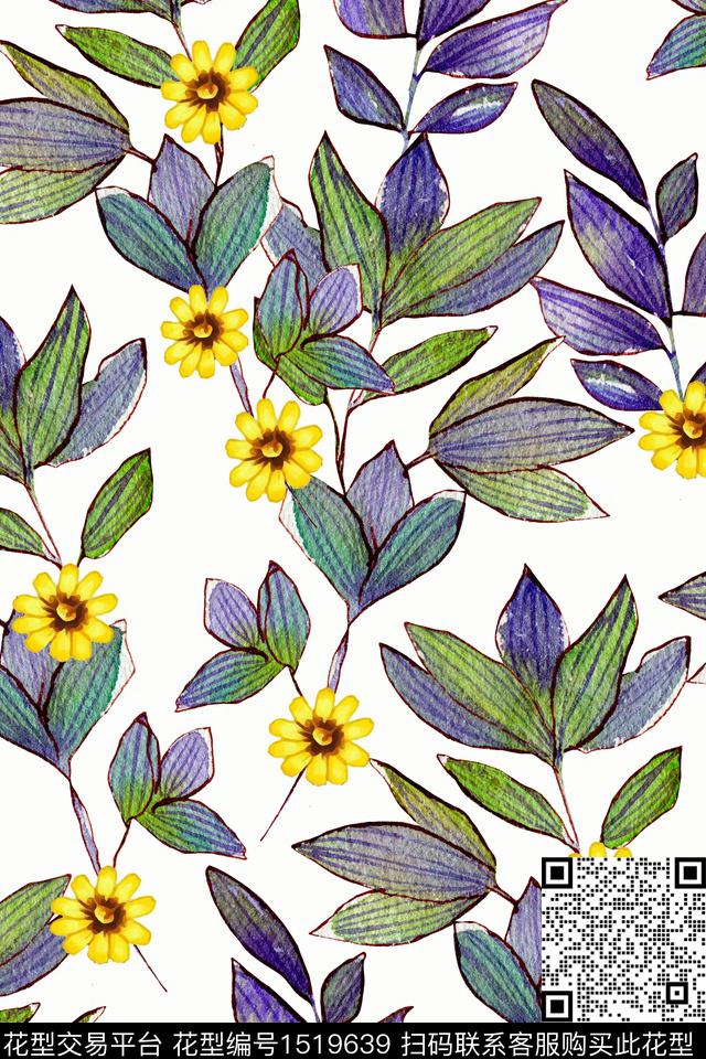 绿植树叶简约清爽底花卉数码印花华亿平台下载（图片编号: 1519639） - 瓦栏（Walan）