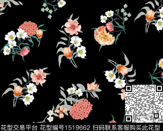 花卉绣球花黑底花卉传统印花华亿平台下载（图片编号: 1519662） - 瓦栏（Walan）