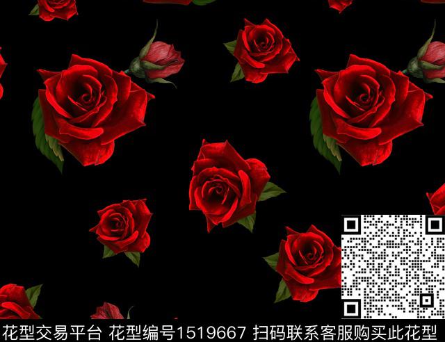 花卉黑底花卉玫瑰花数码印花华亿平台下载（图片编号: 1519667） - 瓦栏（Walan）