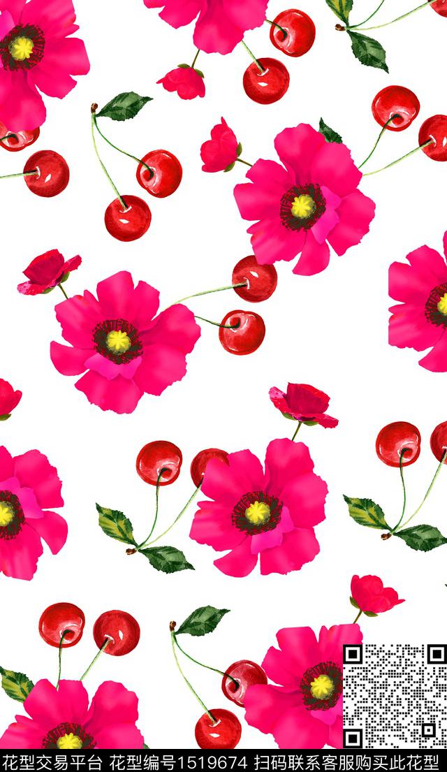 樱桃花卉白底花数码印花华亿平台下载（图片编号: 1519674） - 瓦栏（Walan）