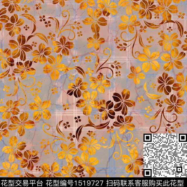 花卉手绘格子数码印花华亿平台下载（图片编号: 1519727） - 瓦栏（Walan）