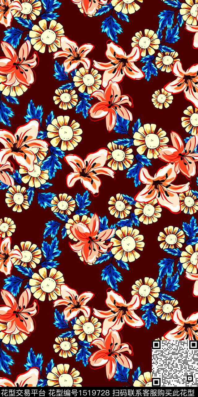 花卉手绘女装数码印花华亿平台下载（图片编号: 1519728） - 瓦栏（Walan）
