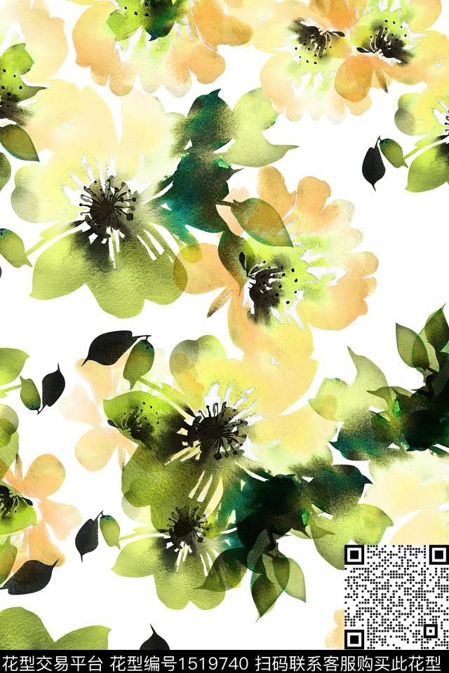 抽象花卉大牌风小清新数码印花华亿平台下载（图片编号: 1519740） - 瓦栏（Walan）