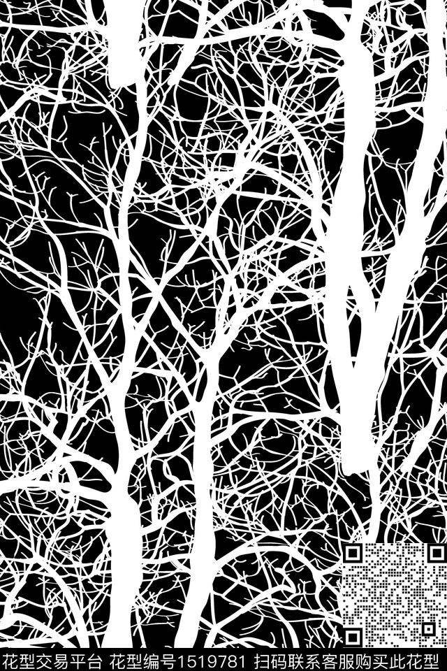 时尚黑底树枝数码印花华亿平台下载（图片编号: 1519781） - 瓦栏（Walan）