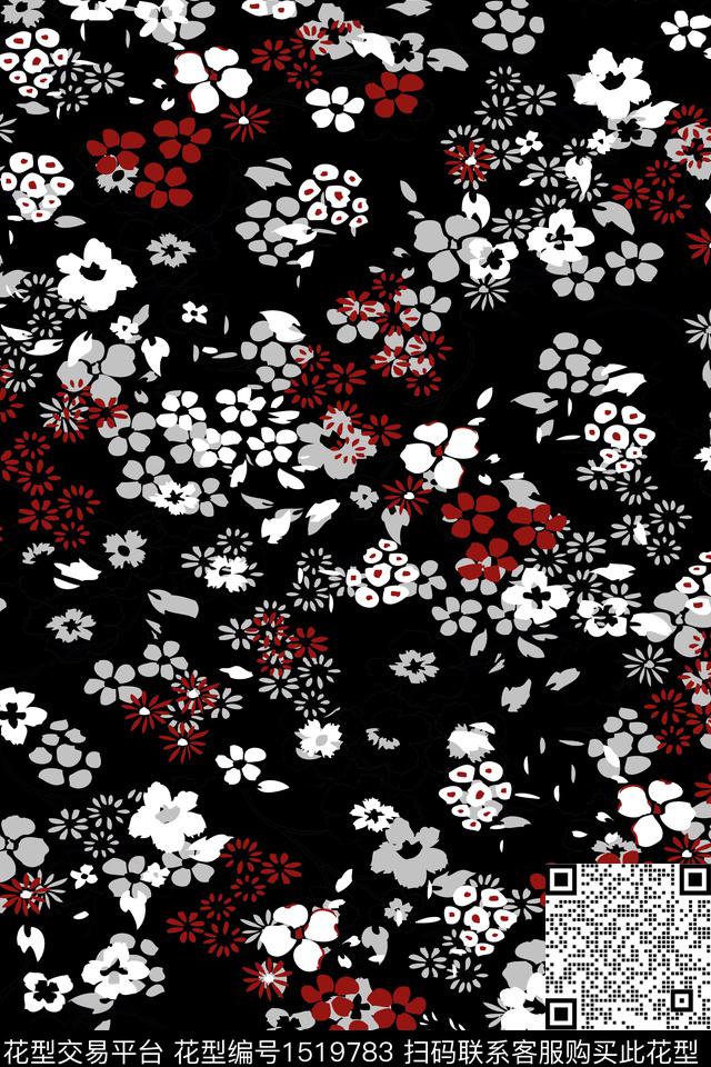 黑底花卉花卉小碎花数码印花华亿平台下载（图片编号: 1519783） - 瓦栏（Walan）