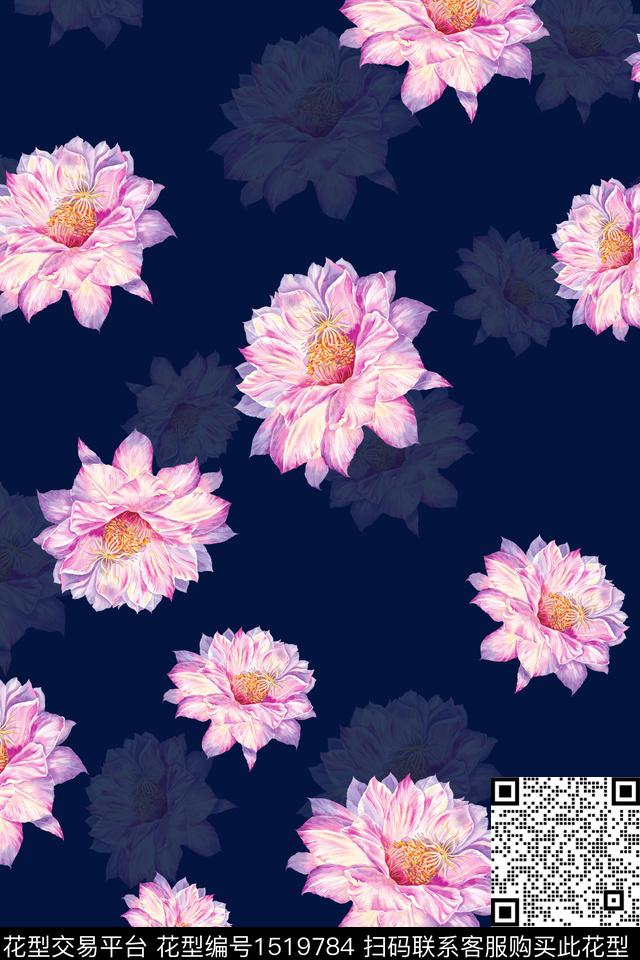花卉大牌风蓝底数码印花华亿平台下载（图片编号: 1519784） - 瓦栏（Walan）