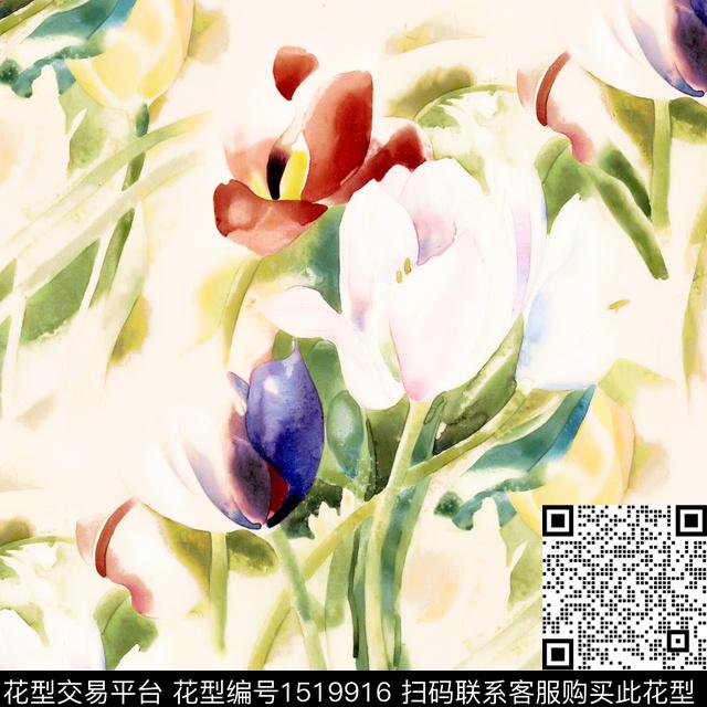 郁金香水彩花卉大花数码印花华亿平台下载（图片编号: 1519916） - 瓦栏（Walan）
