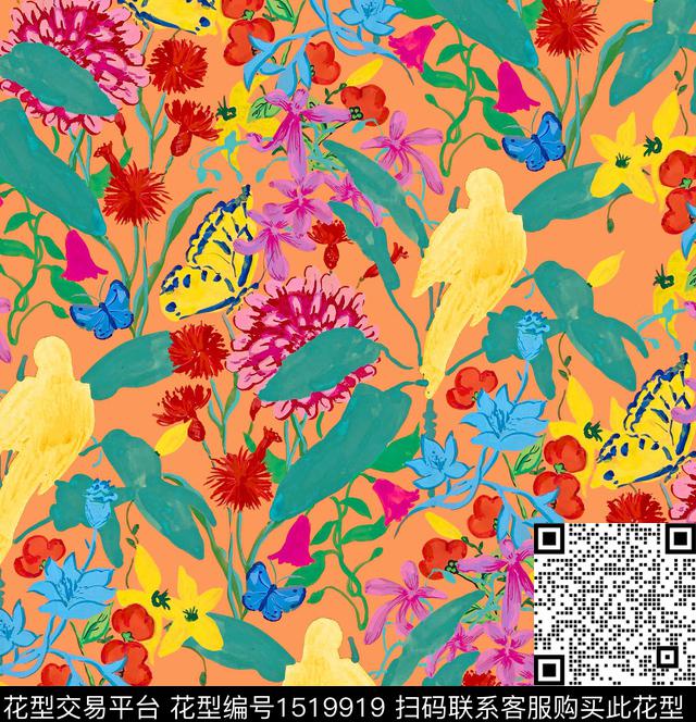 花鸟手绘花卉粉红数码印花华亿平台下载（图片编号: 1519919） - 瓦栏（Walan）