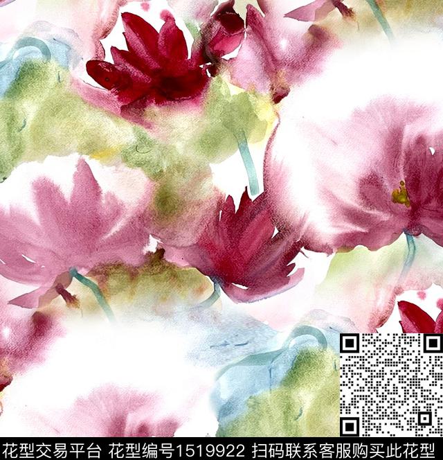 荷花水彩花卉肌理数码印花华亿平台下载（图片编号: 1519922） - 瓦栏（Walan）