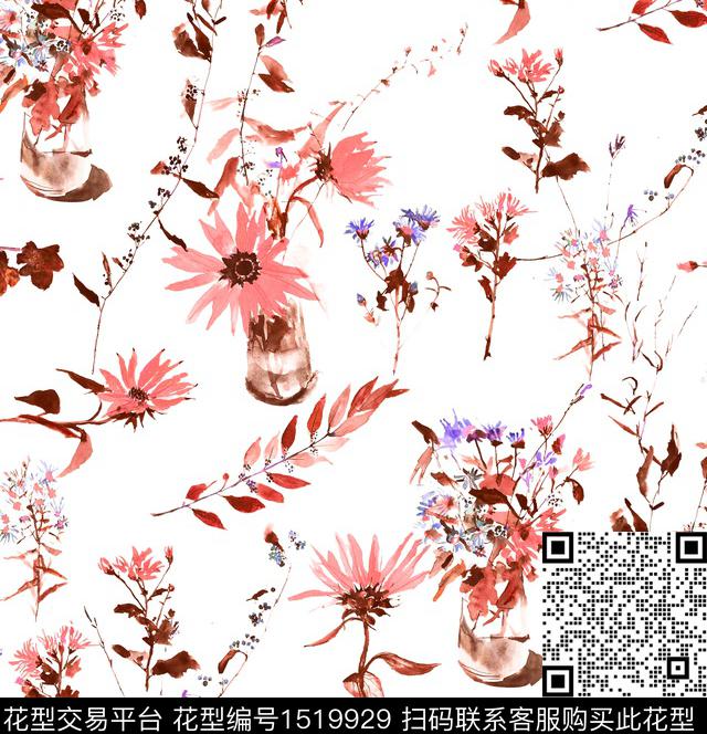 小碎花水彩花卉清新淡雅数码印花华亿平台下载（图片编号: 1519929） - 瓦栏（Walan）