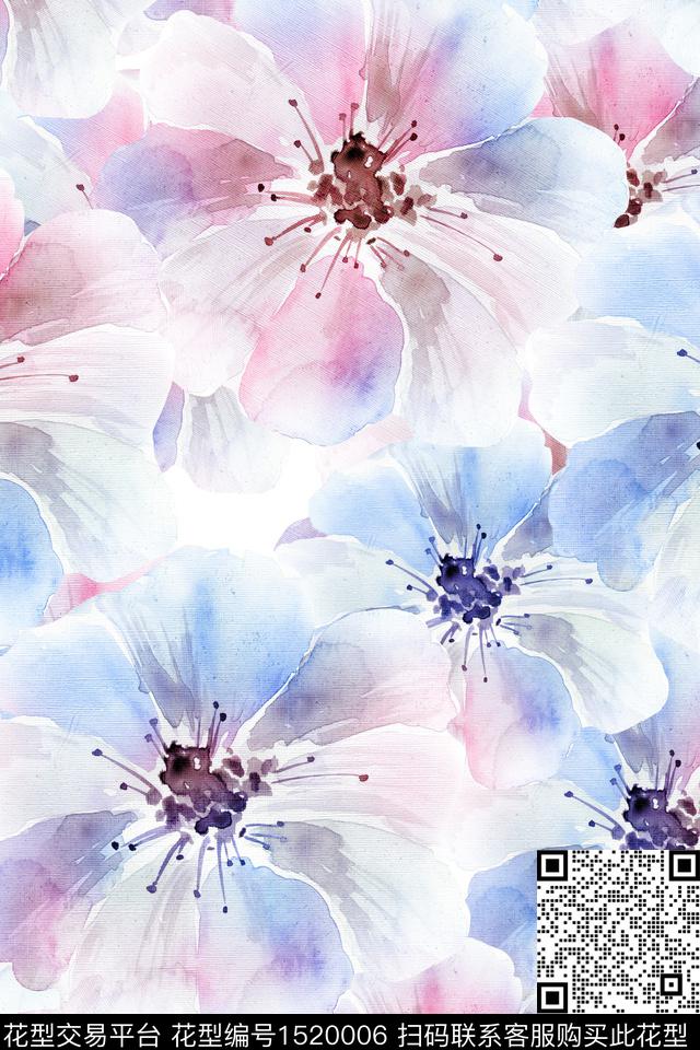 小清新大花手绘花卉数码印花华亿平台下载（图片编号: 1520006） - 瓦栏（Walan）