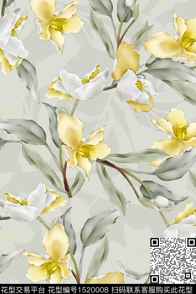 小清新真丝手绘花卉数码印花华亿平台下载（图片编号: 1520008） - 瓦栏（Walan）