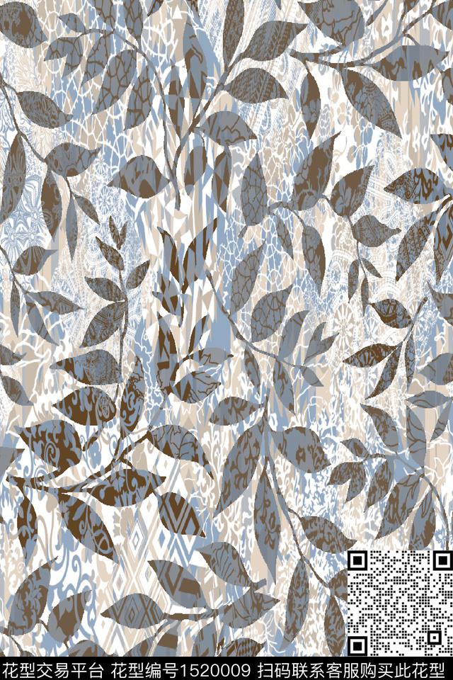 肌理混合拼接绿植树叶数码印花华亿平台下载（图片编号: 1520009） - 瓦栏（Walan）