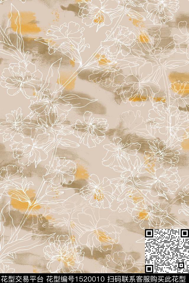 抽象线条花花卉数码印花华亿平台下载（图片编号: 1520010） - 瓦栏（Walan）
