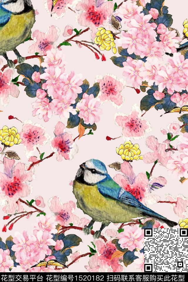 花鸟绿植树叶中国风数码印花华亿平台下载（图片编号: 1520182） - 瓦栏（Walan）