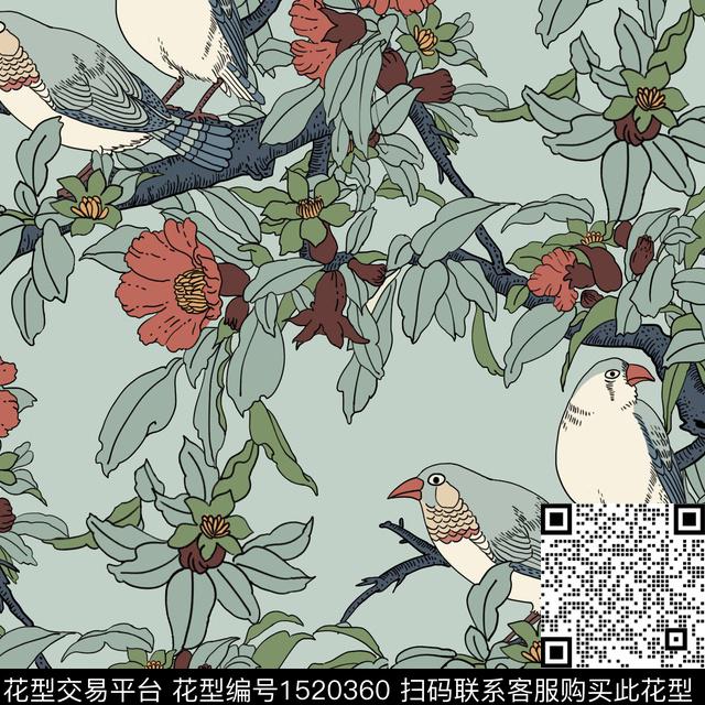 鸟复古青色数码印花华亿平台下载（图片编号: 1520360） - 瓦栏（Walan）