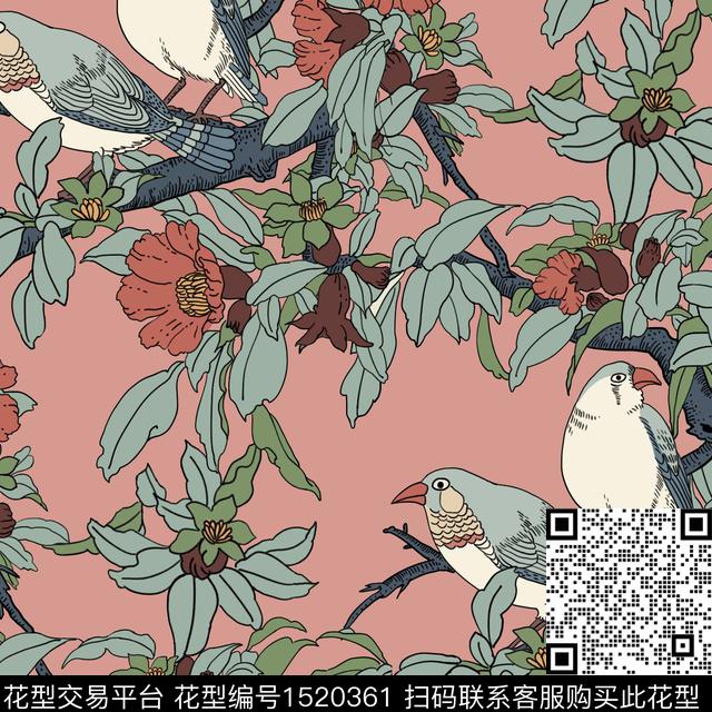 鸟复古青色数码印花华亿平台下载（图片编号: 1520361） - 瓦栏（Walan）