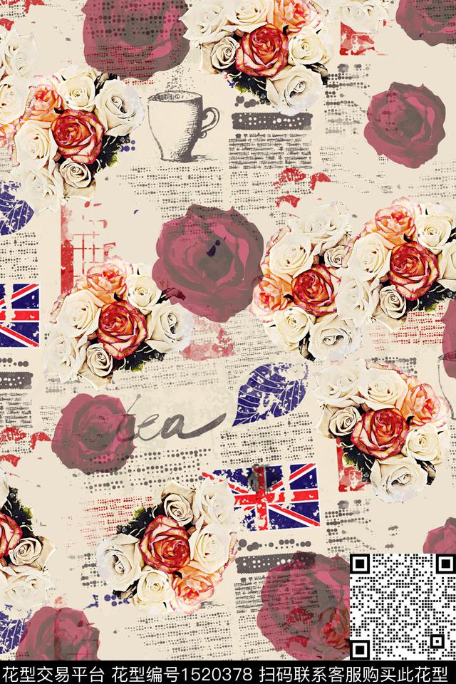 玫瑰花复古报纸数码印花华亿平台下载（图片编号: 1520378） - 瓦栏（Walan）