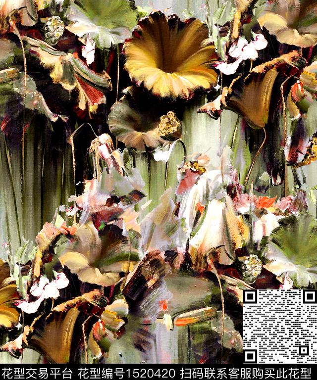 油画华亿平台荷花中国风数码印花华亿平台下载（图片编号: 1520420） - 瓦栏（Walan）