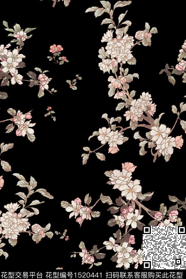 黑底花卉花卉女装数码印花华亿平台下载（图片编号: 1520441） - 瓦栏（Walan）